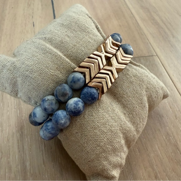 Blue and Gold Beaded Sodalite Stone And Chevron Bracelet Set - Picture 2 of 4